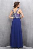 Chiffon Beading Royal Blue V-neck Long Elegant Prom Dresses HZ0527