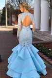Elegant Long Sleeves Mermaid Blue Lace Layered Prom Dress with Open Back HZ0527
