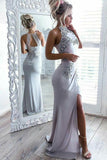 Sexy Sheath Jewel Light Grey Spandex Open Back Prom Dress with Appliques Split HZ0527