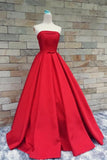 Modest Light Red Strapless Long Beautiful Handmade Satin Prom Dresses HZ0527