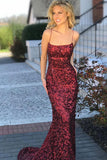 Sexy Sheath Mermaid Spaghetti Straps Criss Cross Burgundy Sequined Prom Dress HZ0527