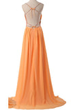Spaghetti Straps Long Orange Chiffon Beading Prom Dresses HZ0527
