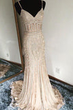 Luxurious Trumpet Spaghetti Sleeveless Long Beading Prom Dress HZ0527