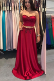 Unique Two Piece Long Satin Sweetheart Burgundy Prom Dress HZ0527
