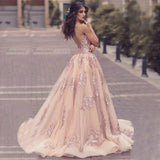 Charming Sweep Train Deep V Neck Pink Tulle Prom Dress with Lace Appliques HZ0527