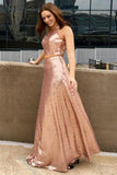 New Arrival Two Piece Sequined Cheap Long A Line Prom Dress HZ0527