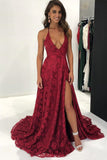 Sexy Halter Burgundy Lace Front Slit V Neck Long Prom Dress HZ0527