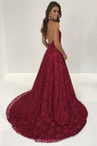 Sexy Halter Burgundy Lace Front Slit V Neck Long Prom Dress HZ0527