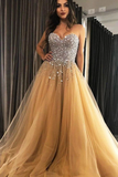 Promfast Sweetheart Gold Tulle A Line Prom Evening Dresses with Beading HZ0527