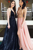 Unique V Neck Sleeveless A Line Long Formal Prom Dress HZ0527
