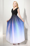 2025 Elegant Gradient Chiffon V-neck Long Back Up Lace Prom Dresses HZ0527