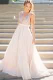 Unique Long Chiffon Sequin V-neck Backless Prom Dresses HZ0527