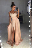 Simple Spaghetti Straps Lace Top Side Split Long A Line Prom Dresses HZ0527