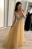 Charming A Line Tulle V Neck Floor Length Prom Dresses Beads Sequins HZ0527