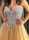 Promfast Sweetheart Gold Tulle A Line Prom Evening Dresses with Beading HZ0527