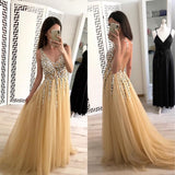 Charming A Line Tulle V Neck Floor Length Prom Dresses Beads Sequins HZ0527