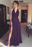 Elegant V Neck Purple Chiffon A Line Long Prom Dress with Slit HZ0527