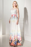 2025 Pretty Long Cap Sleeves Printed Chiffon Charming Prom Dresses HZ0527