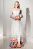 2025 Pretty Long Cap Sleeves Printed Chiffon Charming Prom Dresses HZ0527