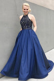 Charming Beaded Blue Prom Dresses,Long Evening Dress With Pockets HZ0527