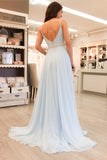 Gorgeous Straps Light Sky Blue Chiffon A Line Long Prom Dress HZ0527