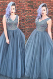 Luxurious A-line V Neck Sleeveless Grey Tulle Beading Long Prom Dress HZ0527
