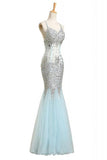Sequin Shiny Baby Blue Mermaid Long Backless Prom Evening Dresses HZ0527