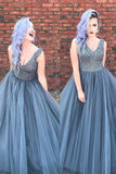 Luxurious A-line V Neck Sleeveless Grey Tulle Beading Long Prom Dress HZ0527