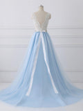 Sky Blue Long V Neck Evening Dress with Beaded Belt,Lace Top Long Prom Dress HZ0527