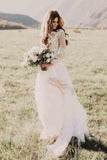 A Line Long Sleeve Lace Appliqued Ivory Beach Wedding Dress HZ0527