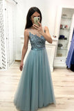 A Line Tulle Floor Length Prom Dresses Beaded Long Evening Dress HZ0527