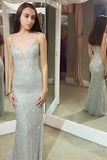 Shiny Mermaid Spaghetti Sheath Silver Long Sexy Prom Dresses HZ0527