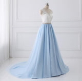 Sky Blue Long V Neck Evening Dress with Beaded Belt,Lace Top Long Prom Dress HZ0527