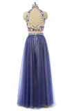 Blue Halter Long Beading 2 Pieces Open Back Prom Dresses HZ0527
