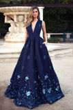 Elegant A-Line Deep V-Neck Navy Blue Long Prom Dress with Appliques Pockets HZ0527