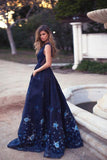 Elegant A-Line Deep V-Neck Navy Blue Long Prom Dress with Appliques Pockets HZ0527