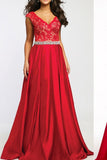 Sexy V-neck Long Satin Lace Red Simple Open Back Prom Dresses HZ0527