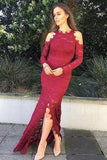 Elegant Mermaid Split Front Long Sleeves Burgundy Lace Prom Dress HZ0527