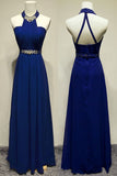 Royal Blue Halter Beading Backless Pretty Long Prom Dresses HZ0527