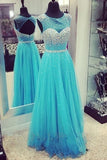 Cap Sleeves Long Beading Blue Elegant Open Back Prom Dresses HZ0527