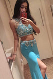 Ice Blue 2 Pieces Long Front Split Charming Prom Dresses HZ0527