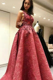 Modest A-Line Round Neck Backless Sweep Train Lace Prom Dress with Appliques HZ0527