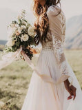 A Line Long Sleeve Lace Appliqued Ivory Beach Wedding Dress HZ0527
