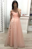 A Line Off the Shoulder Long Prom Dresses, Pleats Prom Gown With Flowers HZ0527