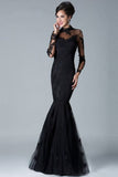 Charming Long Sleeves High Neck Black Lace Mermaid Prom Dresses HZ0527