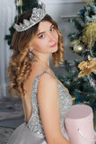 Sparkly Beading Silver A Line V Neck Backless Long Prom Dress HZ0527
