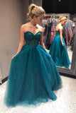 Sweetheart Beading A-Line Long Blue Tulle Cheap Prom Dresses HZ0527
