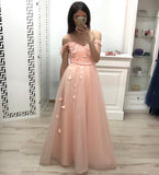 A Line Off the Shoulder Long Prom Dresses, Pleats Prom Gown With Flowers HZ0527
