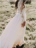 A Line Long Sleeve Lace Appliqued Ivory Beach Wedding Dress HZ0527