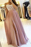 Promfast Spaghetti Strap Dusty Pink Appliques Prom Dresses with Slit Lace Bodice HZ0527